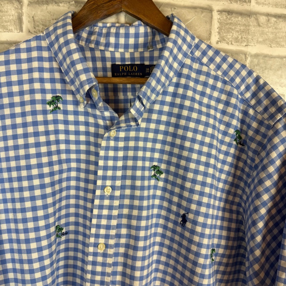 Polo Ralph Lauren 3XB Blue Gingham Palm Tree AOP Embroidered Short Sleeve Shirt